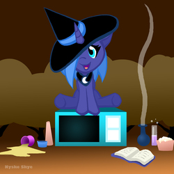 Size: 750x750 | Tagged: safe, artist:nyskeskye, princess luna, g4, female, filly, hat, oven, potion, solo, witch hat, woona