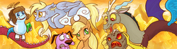 Size: 1024x287 | Tagged: safe, artist:gingerfoxy, applejack, derpy hooves, discord, pegasus, pony, g4, courage the cowardly dog, crossover, female, jelly world, mare, neopets, neopia, petpet, snuffly