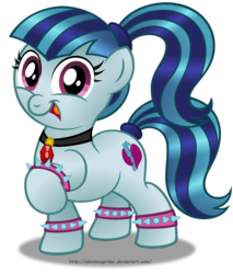 Size: 1280x1502 | Tagged: safe, artist:aleximusprime, sonata dusk, earth pony, pony, g4, anklet, bracelet, cute, female, high ponytail, looking at you, open mouth, ponified, ponytail, raised hoof, simple background, smiling, solo, sonatabetes, spiked wristband, tail wrap, transparent background