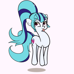 Size: 1500x1500 | Tagged: safe, artist:turtlefarminguy, sonata dusk, earth pony, pony, g4, >:p, earth pony sonata dusk, equestria girls ponified, female, hop, jumping, mare, ponified, simple background, solo, tongue out, two toned eyes, white background