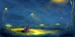 Size: 3200x1561 | Tagged: dead source, safe, artist:shamanguli, twilight sparkle, pony, unicorn, g4, dark, female, field, grass, lights, night, overcast, solo, unicorn twilight