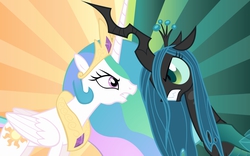 Size: 1680x1050 | Tagged: safe, artist:doctor-g, princess celestia, queen chrysalis, alicorn, changeling, changeling queen, pony, g4, duo, eye contact, face to face, female, fight, glare, gritted teeth, horn, horns are touching, stare down, vector, wallpaper
