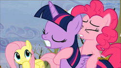 Size: 1366x768 | Tagged: safe, screencap, fluttershy, parasol, pinkie pie, twilight sparkle, alicorn, pony, g4, tanks for the memories, female, mare, out of context, twilight sparkle (alicorn)