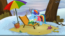 Size: 1661x919 | Tagged: safe, screencap, rainbow dash, tank, pony, g4, tanks for the memories, clothes, female, midriff, rainbow dash always dresses in style, shutter shades, sunglasses, sunscreen, swimsuit, umbrella, winter swimsuit