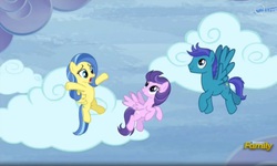 Size: 1535x920 | Tagged: safe, screencap, clear skies, open skies, sunshower, pegasus, pony, g4, tanks for the memories, abbott and costello, background pony, female, flying, male, mare, stallion, who's on first?