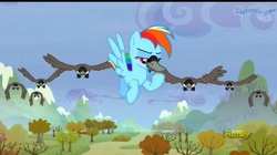 Size: 1073x603 | Tagged: safe, screencap, rainbow dash, bird, canada goose, duck pony, goose, g4, tanks for the memories, animal, canadian honker, duck bill, flying, migration, pegaduck, rainbow dash is a duck, rainbow duck, rainbow goose