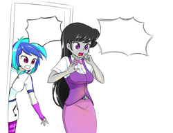 Size: 1500x1156 | Tagged: safe, artist:twilite-sparkleplz, dj pon-3, octavia melody, vinyl scratch, equestria girls, g4, clothes, exploitable, leggings, shocked, skirt