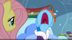 Size: 1647x922 | Tagged: safe, screencap, fluttershy, rainbow dash, g4, tanks for the memories, bathrobe, clothes, crying, robe, volumetric mouth, woobie