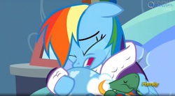 Size: 1657x916 | Tagged: safe, screencap, rainbow dash, tank, g4, tanks for the memories, bathrobe, clothes, crying, dashie slippers, sad