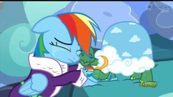 Size: 1077x601 | Tagged: safe, screencap, rainbow dash, tank, g4, tanks for the memories, bathrobe, bed, clothes, crying, dashie slippers, eyes closed, floppy ears, frown, hug, nuzzling, sad, slippers
