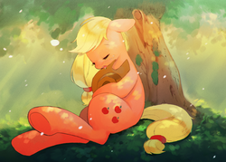Size: 1280x919 | Tagged: dead source, safe, artist:hotomura, applejack, earth pony, pony, g4, drool, female, mare, sitting, sleeping, solo, tree