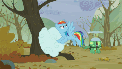 Size: 500x281 | Tagged: safe, screencap, lucky clover, rainbow dash, tank, g4, tanks for the memories, animated, discovery family, discovery family logo, leaves, snow