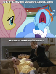 Size: 655x865 | Tagged: safe, screencap, fluttershy, rainbow dash, g4, my little pony: friendship is magic, tanks for the memories, brutal honesty, comparison, crying, depression dash, frasier, frasier crane, image macro, meme, niles crane, volumetric mouth