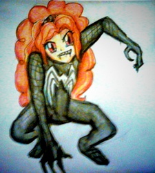 Size: 910x1011 | Tagged: safe, artist:@derpyh0oves, adagio dazzle, human, equestria girls, g4, clothes, cosplay, crossover, eye clipping through hair, female, looking at you, male, marvel, marvel comics, open mouth, open smile, sharp teeth, smiling, smiling at you, solo, spider-man, spider-man 3, venom