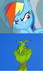 Size: 924x1508 | Tagged: safe, edit, screencap, rainbow dash, g4, tanks for the memories, comparison, dr. seuss, evil grin, grin, how the grinch stole christmas, rainbow grinch, smiling, the grinch, then she got an idea