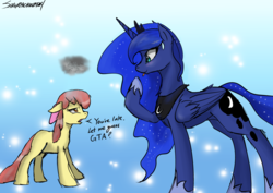 Size: 2047x1447 | Tagged: safe, artist:sakuracheetah, apple bloom, princess luna, gamer luna, bloom & gloom, g4, my little pony: friendship is magic, dream walker luna