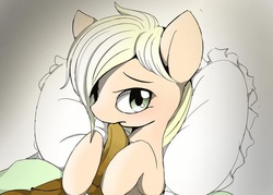 Size: 599x428 | Tagged: safe, artist:skippy_the_moon, applejack, g4, bed, cute, hat, jackabetes, looking at you, mouth hold, pillow