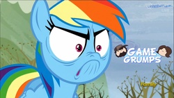 Size: 1280x720 | Tagged: safe, edit, edited screencap, screencap, rainbow dash, g4, tanks for the memories, cinemaquestria, do i look angry, game grumps, grumpy