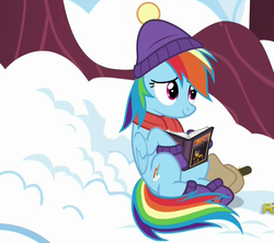 Size: 1203x1066 | Tagged: safe, screencap, daring do, rainbow dash, pegasus, pony, g4, tanks for the memories, book, boots, cap, clothes, cute, dashabetes, female, hat, implied tank, mare, saddle bag, scarf, shy, shy dashie, sitting, smiling, snow, solo