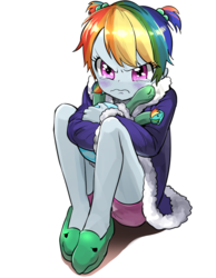 Size: 700x900 | Tagged: safe, artist:quizia, rainbow dash, tank, equestria girls, tanks for the memories, alternate hairstyle, bathrobe, blushing, clothes, crying, cute, dashabetes, dashie slippers, eyes closed, female, frown, glare, hnnng, hug, looking at you, pigtails, quizia is trying to murder us, robe, sad, shorts, simple background, sitting, tank slippers, that was fast, wavy mouth, white background