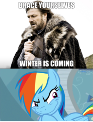 Size: 736x961 | Tagged: safe, edit, edited screencap, screencap, rainbow dash, g4, tanks for the memories, brace yourselves, eddard stark, game of thrones, meme, rainbow grinch, winter is coming