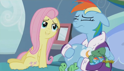 Size: 1249x713 | Tagged: safe, screencap, fluttershy, rainbow dash, tank, g4, tanks for the memories, bathrobe, clothes, crying, dashie slippers, lidded eyes, tank slippers