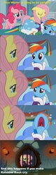 Size: 1072x3354 | Tagged: safe, screencap, fluttershy, rainbow dash, g4, tanks for the memories, clothes, dashie slippers, dungeon, prison, role reversal, tank slippers, text