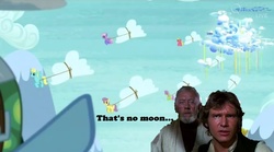 Size: 1074x595 | Tagged: safe, edit, edited screencap, screencap, dewdrop, merry may, parasol, rainbow dash, rainbowshine, sassaflash, serenity (g4), tank, human, g4, tanks for the memories, cloudsdale, han solo, image macro, male, meme, obi wan kenobi, star wars, that's no moon