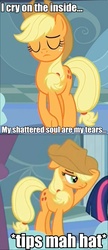Size: 414x960 | Tagged: safe, screencap, applejack, twilight sparkle, earth pony, pony, g4, tanks for the memories, accent, applejack cries on the inside, crying inside, female, hat tip, image macro, impact font, mare, meme, tips fedora