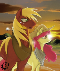 Size: 2953x3508 | Tagged: dead source, safe, artist:blackrunewarlock, apple bloom, big macintosh, earth pony, pony, g4, clothes, female, frown, high res, male, mare, older, scarf, stallion, sunset