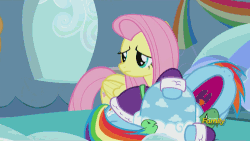 Size: 500x281 | Tagged: safe, screencap, applejack, fluttershy, rainbow dash, tank, g4, tanks for the memories, animated, bathrobe, clothes, crying, discovery family, discovery family logo, tank slippers