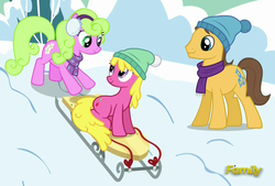 Size: 1372x925 | Tagged: safe, screencap, caramel, cherry berry, daisy, flower wishes, earth pony, pony, g4, tanks for the memories, background pony, cap, clothes, discovery family logo, earmuffs, female, hat, male, mare, scarf, sled, stallion