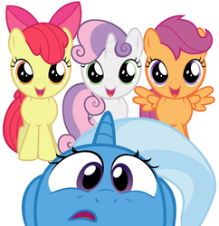 Size: 506x522 | Tagged: safe, artist:acer-rubrum, artist:thatguy1945, apple bloom, scootaloo, sweetie belle, trixie, pony, unicorn, g4, best pony, cute, cutie mark crusaders, fanfic, female, mare, simple background, vector, white background