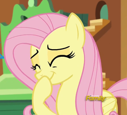 Size: 1141x1037 | Tagged: safe, screencap, fluttershy, pegasus, pony, g4, tanks for the memories, cute, eyes closed, female, giggling, mare, raised hoof, shyabetes, smiling, solo