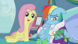 Size: 500x281 | Tagged: safe, screencap, fluttershy, rainbow dash, tank, g4, tanks for the memories, animated, bathrobe, clothes, crying, cute, dashabetes, dashie slippers, discovery family, discovery family logo, hnnng, robe, shyabetes, tank slippers