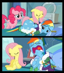 Size: 934x1069 | Tagged: safe, screencap, fluttershy, pinkie pie, rainbow dash, tank, g4, tanks for the memories, base used, clothes, comic, dashie slippers, tank slippers