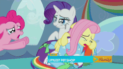 Size: 500x281 | Tagged: safe, screencap, fluttershy, pinkie pie, rainbow dash, rarity, tank, g4, tanks for the memories, animated, bathrobe, clothes, cry pile, crying, dashie slippers, discovery family, mascara, robe, tank slippers