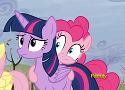 Size: 1347x977 | Tagged: safe, screencap, pinkie pie, twilight sparkle, alicorn, pony, g4, tanks for the memories, butt touch, female, hoof on butt, mare, twilight sparkle (alicorn)