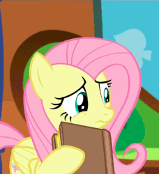 Size: 437x480 | Tagged: safe, screencap, fluttershy, g4, season 5, tanks for the memories, animated, book, female, frown, looking down, loop, sad, solo