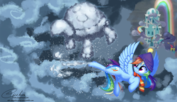 Size: 2000x1153 | Tagged: safe, artist:esuka, rainbow dash, tank, g4, tanks for the memories, clothes, cloud, cloud sculpting, cloudy, flying, hat, rainbow dash's house, scarf, snow, snowfall, winter