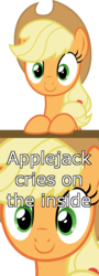 Size: 1600x4452 | Tagged: safe, applejack, earth pony, pony, g4, tanks for the memories, applejack cries on the inside, crying inside, female, sad, solo, thousand yard stare, unhapplejack
