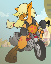 Size: 2000x2500 | Tagged: safe, artist:boneswolbach, artist:chrisdb0, artist:pananovich, applejack, g4, badass, boots, clothes, female, high res, jacket, missing accessory, motorcycle, shoes, solo