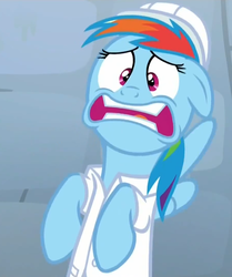 Size: 901x1079 | Tagged: safe, screencap, rainbow dash, pony, g4, tanks for the memories, clothes, faic, female, hard hat, hat, lab coat, solo