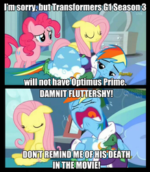 Size: 895x1024 | Tagged: safe, edit, edited screencap, screencap, fluttershy, pinkie pie, rainbow dash, g4, tanks for the memories, bad news fluttershy, caption, clothes, comic, dashie slippers, death, optimus prime, tank slippers, transformers