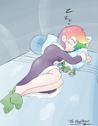 Size: 937x1200 | Tagged: safe, artist:feather, rainbow dash, tank, human, g4, tanks for the memories, bathrobe, clothes, dashie slippers, humanized, robe, sleeping, tank slippers