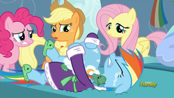 Size: 1920x1080 | Tagged: safe, screencap, applejack, fluttershy, pinkie pie, rainbow dash, tank, g4, tanks for the memories, bathrobe, clothes, crying, dashie slippers, tank slippers