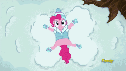 Size: 500x281 | Tagged: safe, screencap, pinkie pie, earth pony, pony, g4, season 5, tanks for the memories, animated, bottomless, clothes, discovery family, discovery family logo, female, gif, mare, partial nudity, snow, snow angel, solo