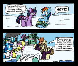 Size: 2480x2117 | Tagged: safe, artist:bobthedalek, rainbow dash, tank, twilight sparkle, oc, unnamed oc, alicorn, pegasus, pony, tortoise, g4, tanks for the memories, comic, crossover, female, high res, male, mare, nope, roald dahl, stallion, twilight sparkle (alicorn), weather factory, weather factory uniform, willy wonka, willy wonka and the chocolate factory
