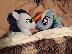 Size: 1024x768 | Tagged: artist needed, safe, rainbow dash, soarin', g4, bed, female, irl, male, photo, plushie, ship:soarindash, shipping, straight