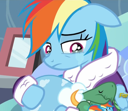 Size: 1245x1079 | Tagged: safe, screencap, rainbow dash, pegasus, pony, g4, tanks for the memories, bathrobe, clothes, crying, cute, dashabetes, dashie slippers, female, floppy ears, hnnng, mare, sad, solo